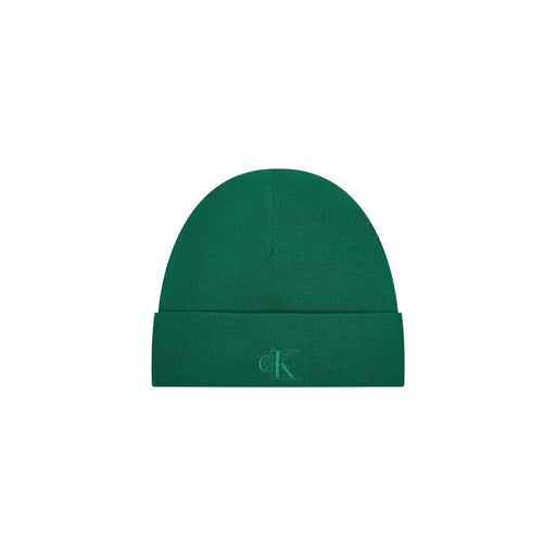 Calvin Klein Grüne Herrenmütze aus Viskosemischung, einfarbig gestrickt, mit umgeschlagenem Rand und dezentem, gesticktem CK-Logo – das perfekte Accessoire für Herbst und Winter.