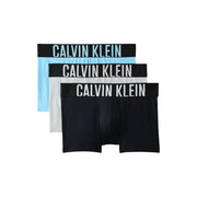 Calvin Klein men cotton trunks 3 pack in black light blue and white with bold logo on elastic waistband