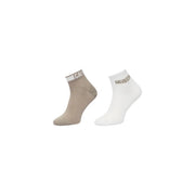 A pair of calvin klein men cotton ankle socks in beige and white with ribbed cuff and logo stripe