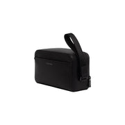 Black Calvin Klein men emblem rectangular Dopp kit bag with textured leather finish and top handle