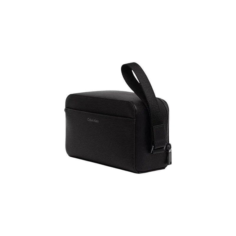 Black Calvin Klein men emblem rectangular Dopp kit bag with textured leather finish and top handle