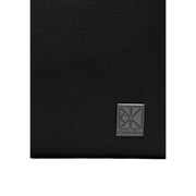 Black textured leather wallet with silver Calvin Klein logo plaque shown with Calvin Klein men emblem flap backpack black polyurethane size W29