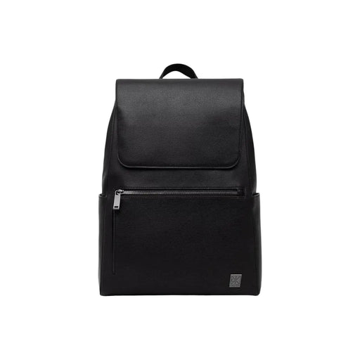 Calvin Klein men emblem flap black leather backpack with front zippered pocket and top handle in polyurethane