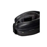 Black calvin klein leather crossbody bag with textured surface and silver zipper for men emblem reporter bag size w16 x h20 cm