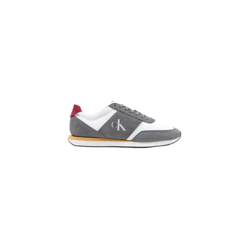 Calvin Klein men grey faux leather sneakers with red heel tab and logo on the side fall winter size 38