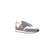 Calvin Klein men grey faux leather sneakers with suede accents red heel tab and tan midsole size 38 fall winter