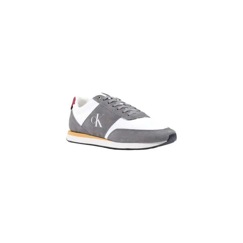Calvin Klein men grey faux leather sneakers with suede accents red heel tab and tan midsole size 38 fall winter