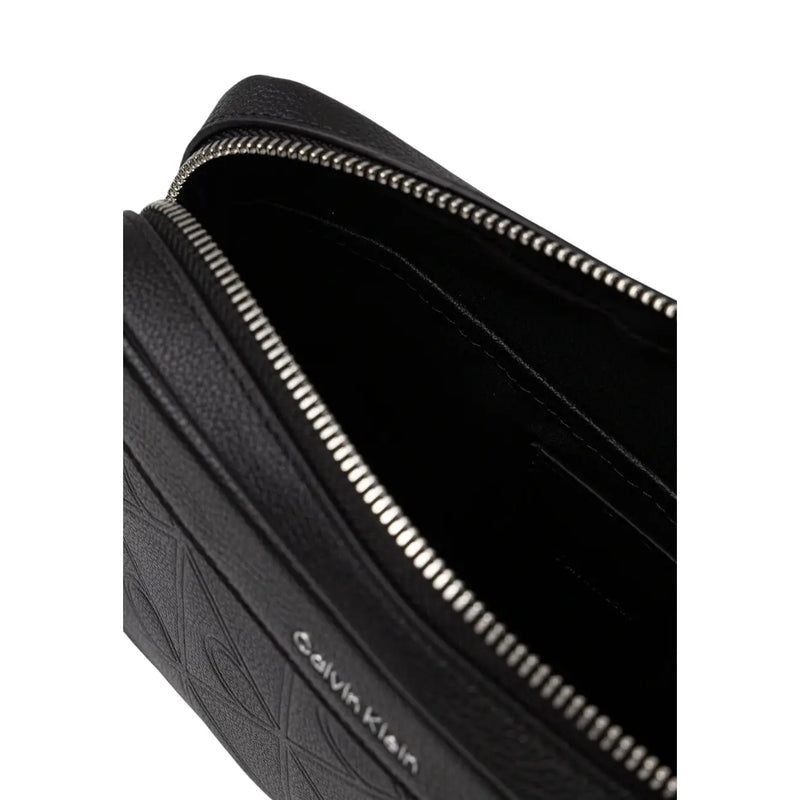 Black calvin klein men leather emblem pouch with textured leather exterior and silver zipper measuring w16 x h22 cm