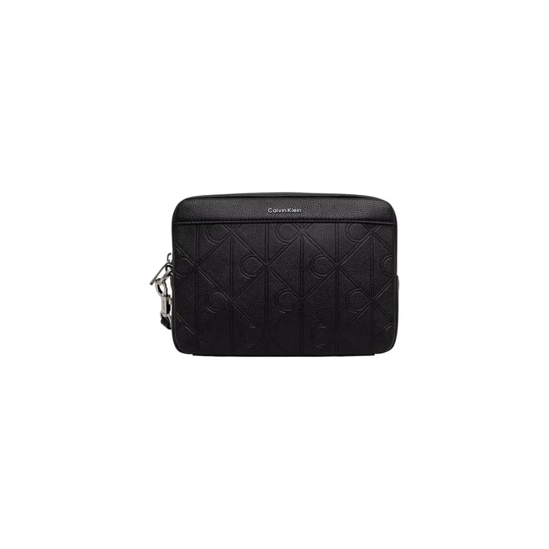 Black calvin klein men leather emblem pouch with embossed logo pattern and silver-toned hardware 16 by 22 cm