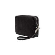 Calvin klein men leather emblem pouch in black with embossed logo pattern and silver-toned zipper hardware