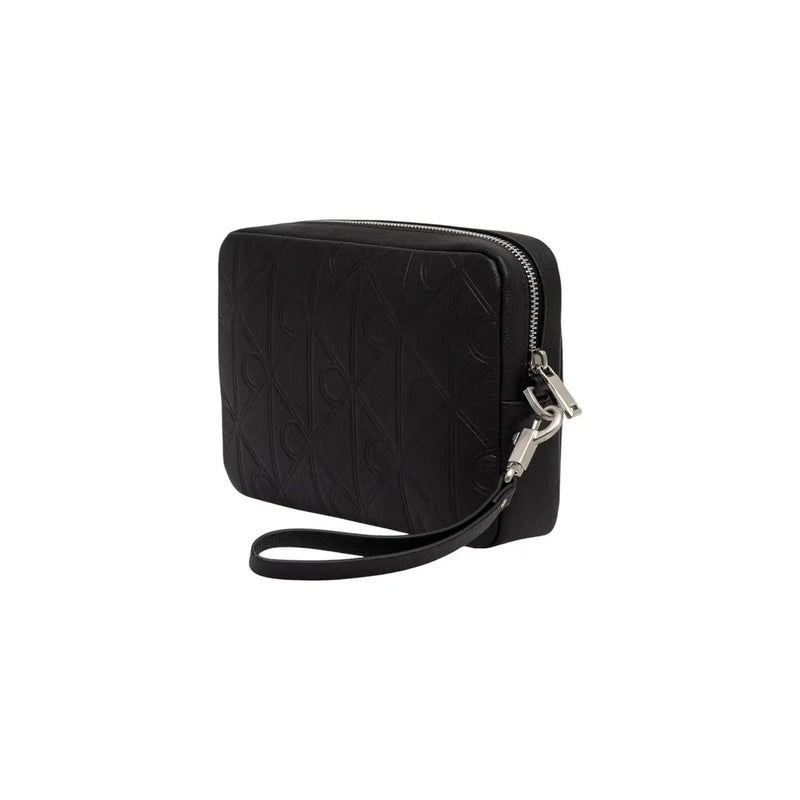 Calvin klein men leather emblem pouch in black with embossed logo pattern and silver-toned zipper hardware