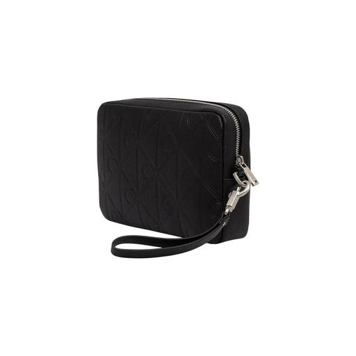 Calvin klein men leather emblem pouch in black with embossed logo pattern and silver-toned zipper hardware