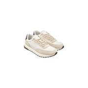 Beige and white suede calvin klein men leather sneakers with classic athletic design and brown lace up shoes