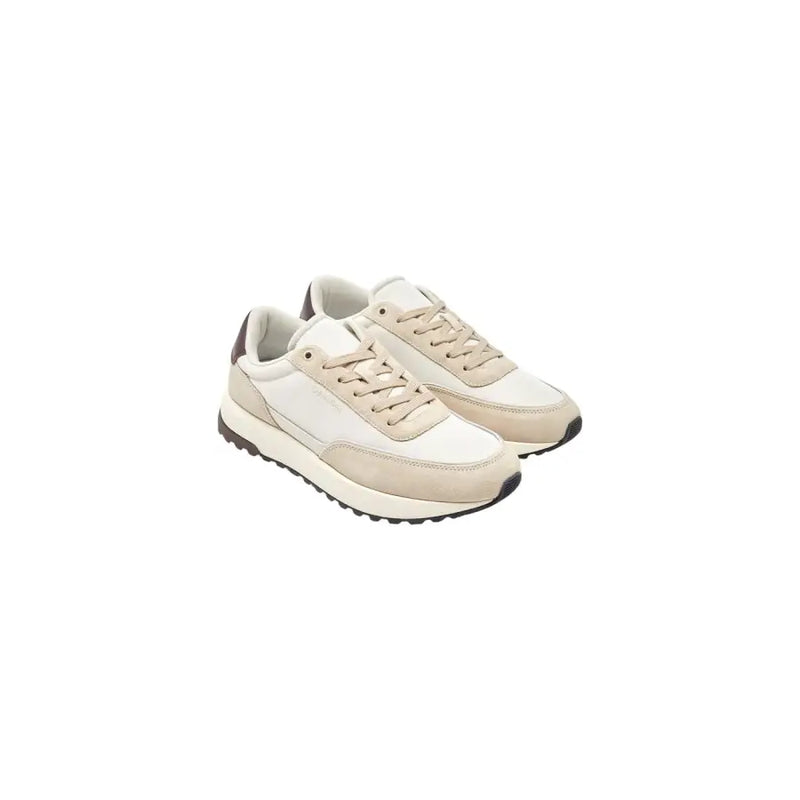 Beige and white suede calvin klein men leather sneakers with classic athletic design and brown lace up shoes