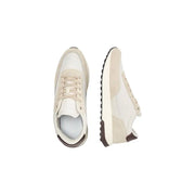 Calvin Klein men leather sneakers in beige and white suede with brown rubber sole and lace up design
