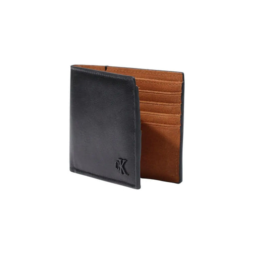 Calvin Klein Portefeuille homme en cuir noir avec intérieur beige et logo CK discret en relief sur le devant, 11 x 9,5 cm