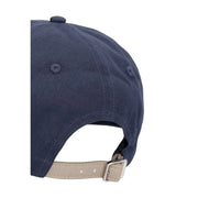 Navy blue cotton calvin klein men mixed media colorblock baseball cap with beige leather strap and silver buckle back view