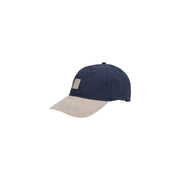 Calvin Klein men mixed media colorblock cotton baseball cap in navy blue and beige with a small front logo patch