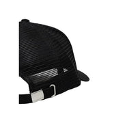 Black mesh trucker cap with silver Calvin Klein branded buckle and adjustable strap back in cotton material