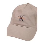 Calvin Klein men monologo printed beige cotton baseball cap with embroidered black and orange ck logo and brand name