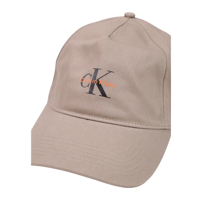 Calvin Klein men monologo printed beige cotton baseball cap with embroidered black and orange ck logo and brand name