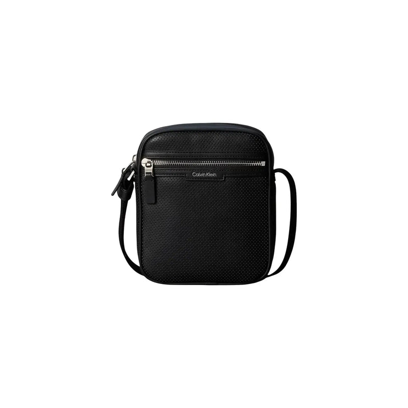Calvin Klein men perforated reporter bag black textured leather crossbody with silver zipper size w6 h21 l6