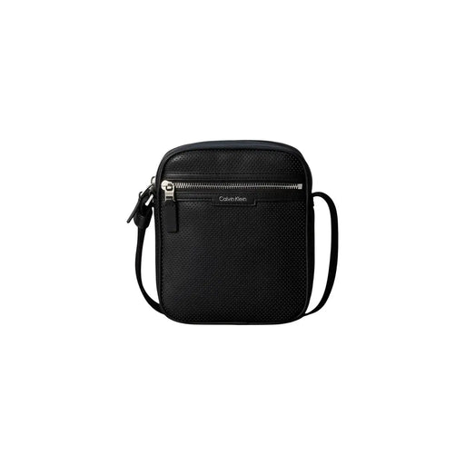 Calvin Klein men perforated reporter bag black textured leather crossbody with silver zipper size w6 h21 l6