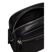Black leather Calvin Klein men perforated reporter bag with silver zippers and textured surface in size W6 H21 L6