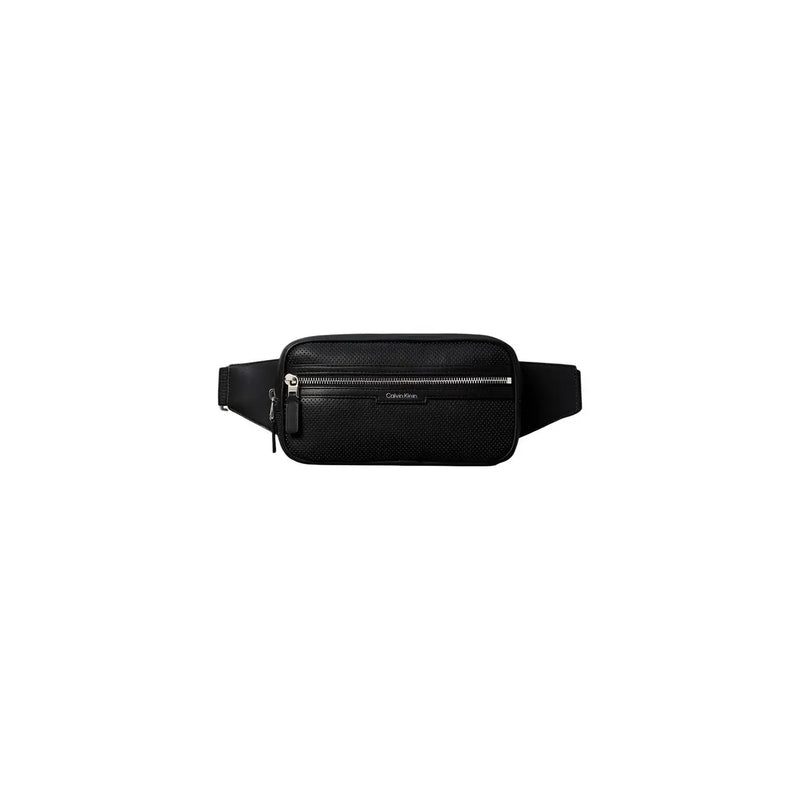 Calvin Klein men perforated waistbag in black textured leather with silver zipper made of polyurethane