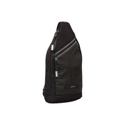 Calvin Klein men shoulder bag in black polyamide with grid-patterned mesh panel and silver zipper accents