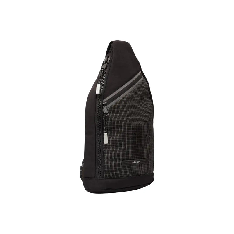 Calvin Klein men shoulder bag in black polyamide with grid-patterned mesh panel and silver zipper accents