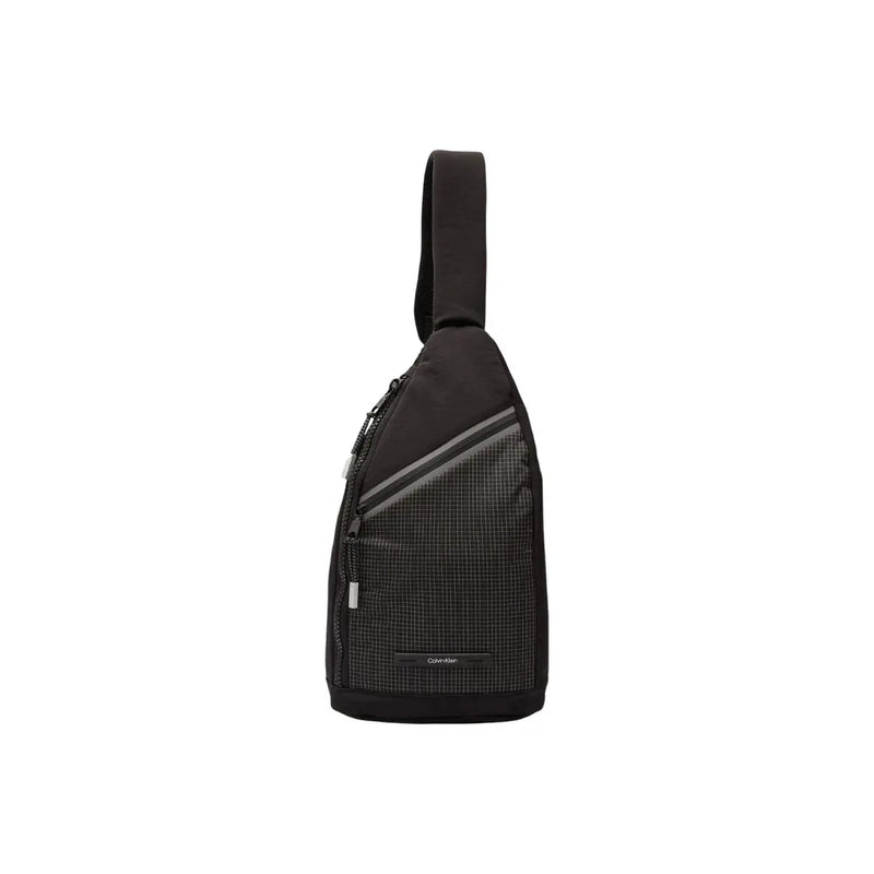 Calvin Klein men shoulder bag black polyamide with subtle grid pattern and gray accent stripes 20x36x5 cm