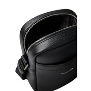 Calvin Klein men shoulder bag in black textured polyurethane leather with silver zipper and adjustable crossbody strap
