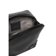 Black textured leather toiletry bag with silver zipper and branded patch in the style of Calvin Klein men shoulder bag