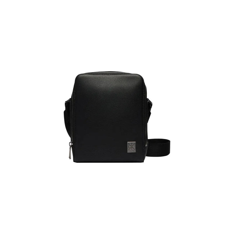 Black textured leather calvin klein men shoulder bag with sleek minimalist design and subtle front brand patch