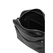Black Calvin Klein logo embossed leather crossbody bag with silver-toned zipper for men shoulder use poly W18 x H21 cm
