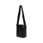 Calvin Klein men shoulder bag in black leather with zip pockets and silver hardware measuring 18x23x7 cm