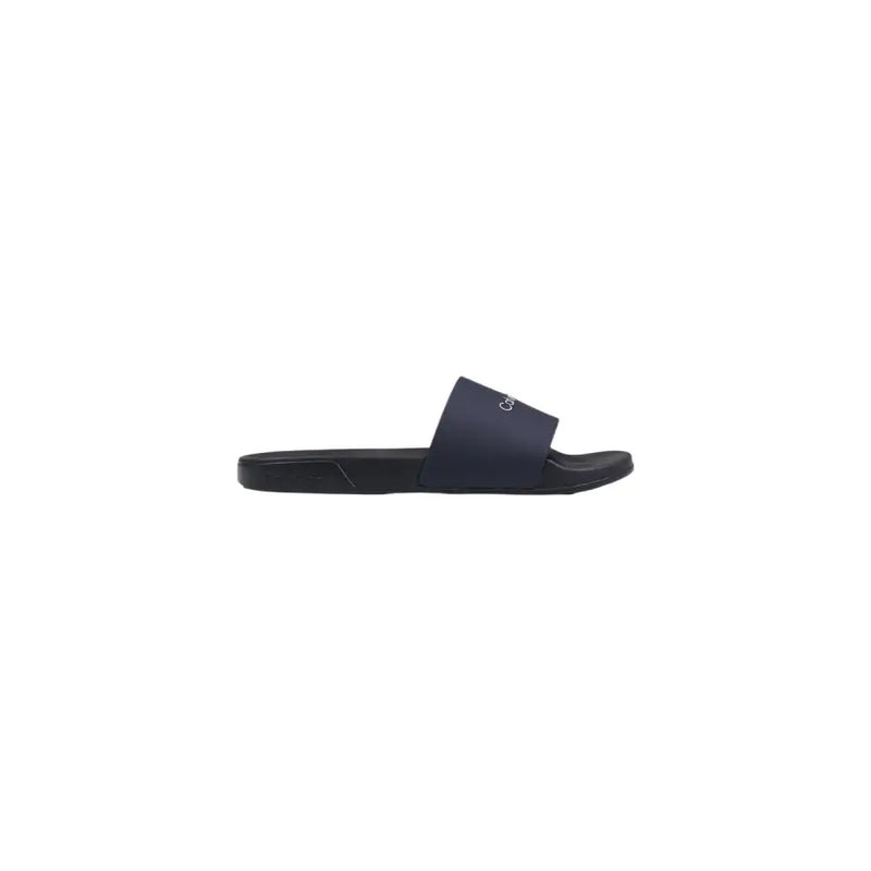 Calvin klein men slippers black polyurethane dark navy blue slip-on slide with minimalist design and white logo on strap