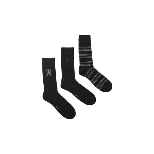 Ensemble de trois chaussettes noires en coton à rayures et Tommy Hilfiger logo pour hommes