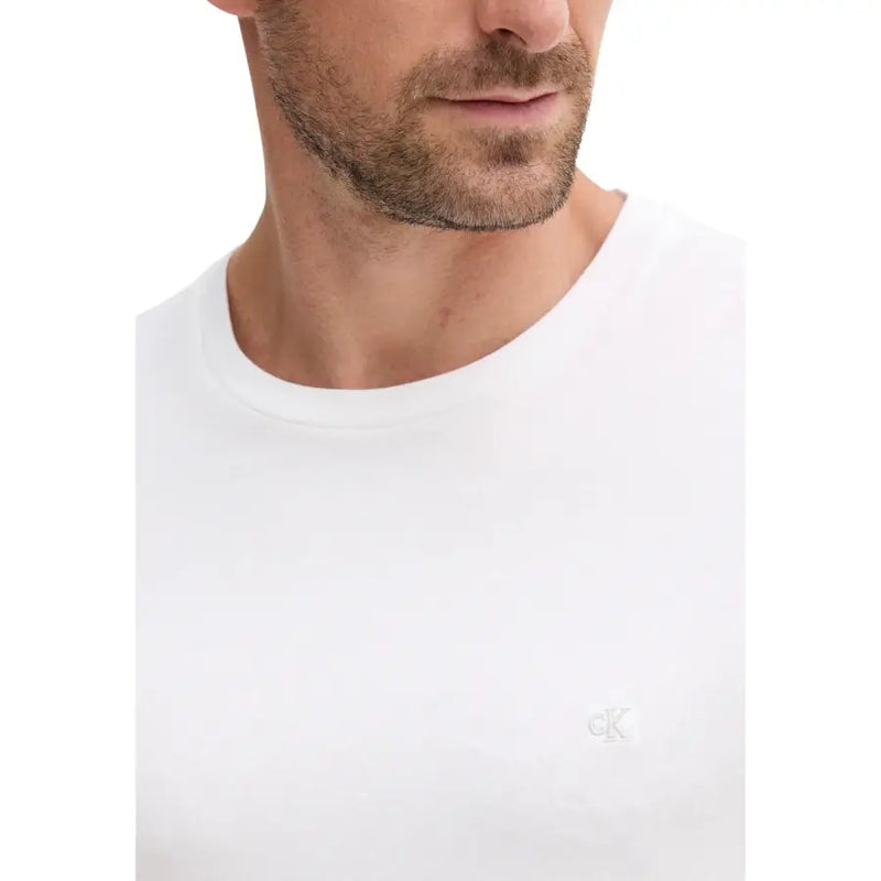White Calvin Klein crew neck cotton t-shirt for men with subtle embroidered logo on front