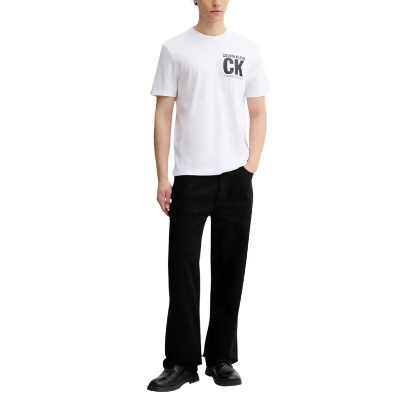 White Calvin Klein men t-shirt with black ck logo and text printed on the chest made of soft cotton fabric