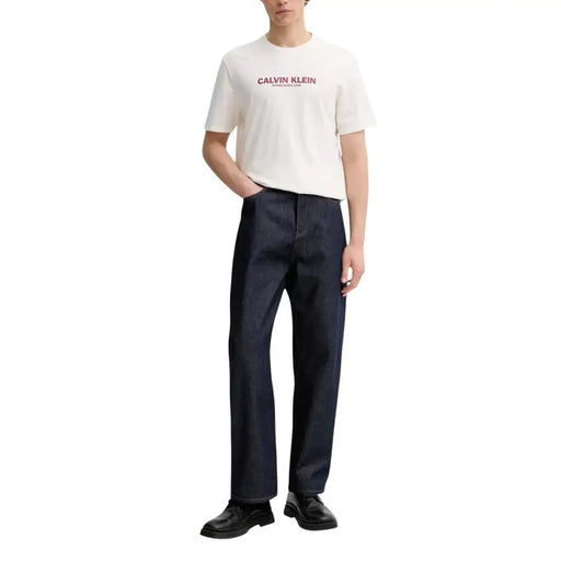 Calvin Klein men t-shirt in white cotton with pink logo text and classic crew neck design