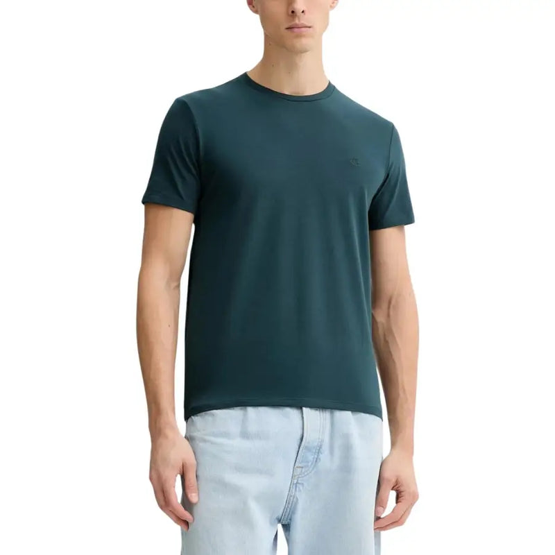 Dark teal crew-neck cotton t-shirt with subtle embroidered logo on left chest by Calvin Klein men collection