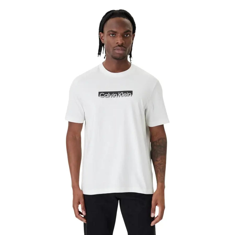 Calvin Klein men t-shirt in white cotton with a black rectangular logo across the chest for casual wear