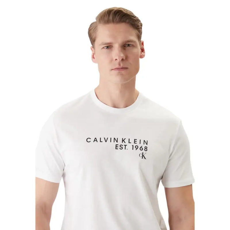 Calvin Klein men t shirt white cotton round neck with black calvin klein est print on front for casual wear