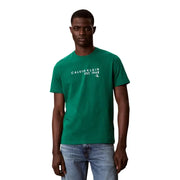 Green calvin klein men t shirt with white logo cotton round neck short sleeve designed for casual wear