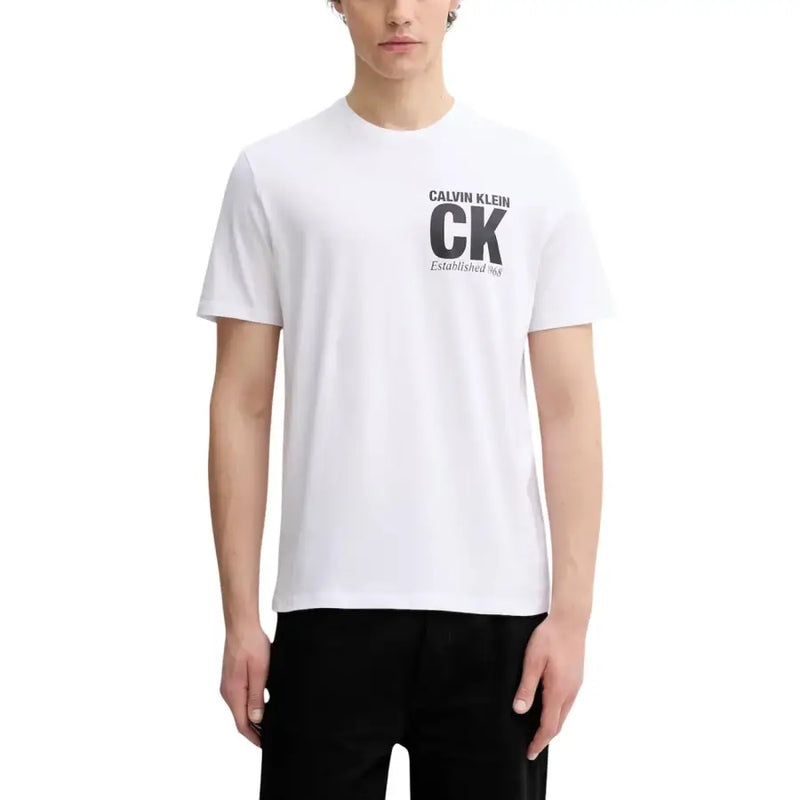 Calvin Klein men t-shirt white cotton with bold black ck logo and established 1986 text on the chest
