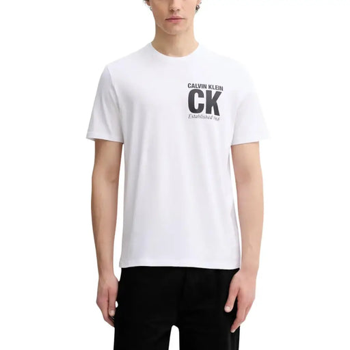 Calvin Klein men t-shirt white cotton with bold black ck logo and established 1986 text on the chest