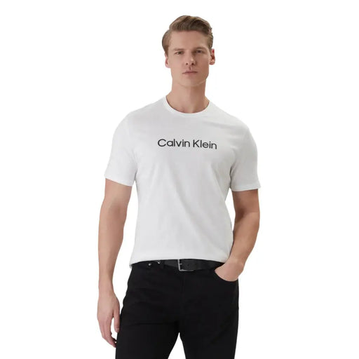 Calvin Klein men t-shirt white short-sleeved cotton with black logo across the chest for casual wear