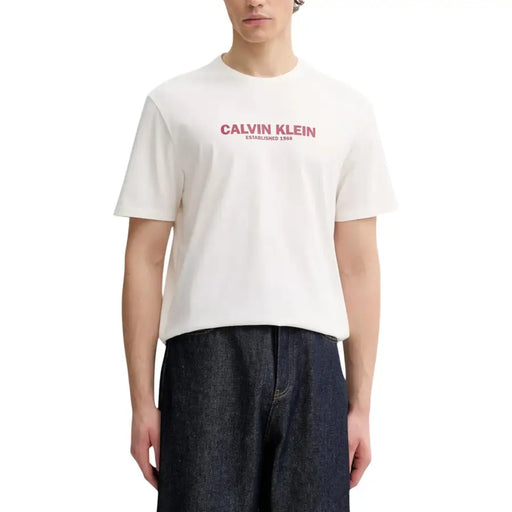 Calvin Klein men t-shirt white cotton with pink calvin klein established 1969 logo printed across the chest